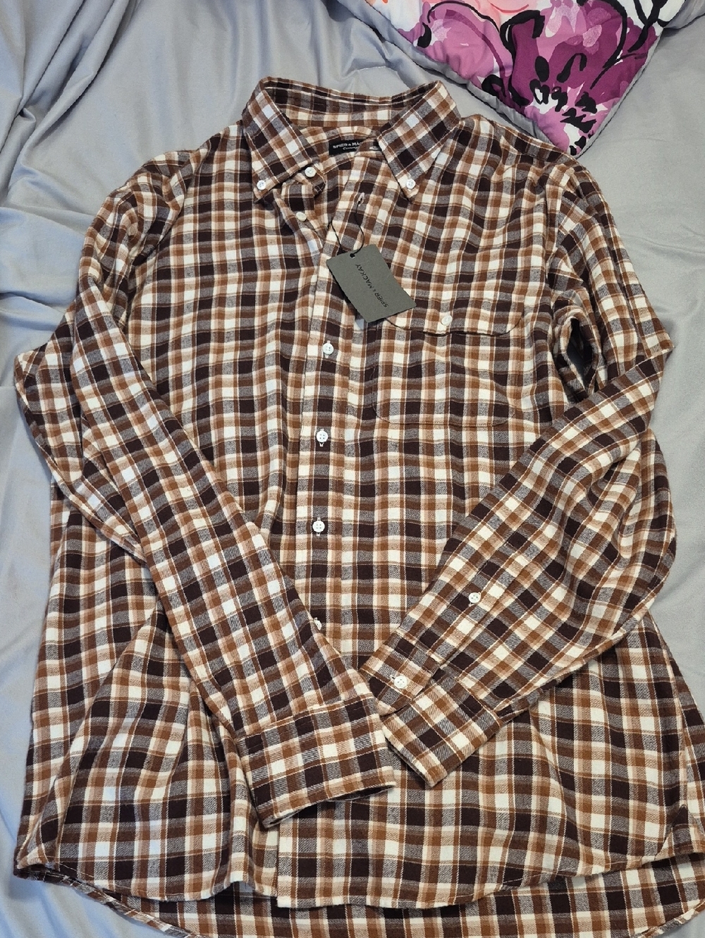 Spier & Mackay Brown Check Flannel Long-Sleeve Button-Down Shirt NWT Size 16 1/2